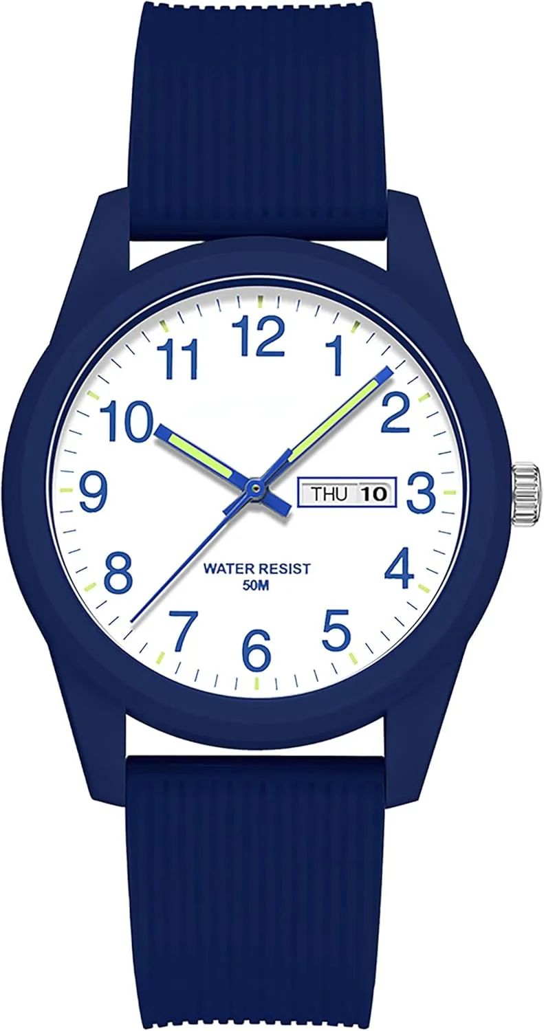 Easy Read Dial with Luminous Analog Second Hand Gold Arabic morphological globe mitigate graph determinant canal Numerals Waterproof White Silicone Band findtime Day Date Watches for Men 