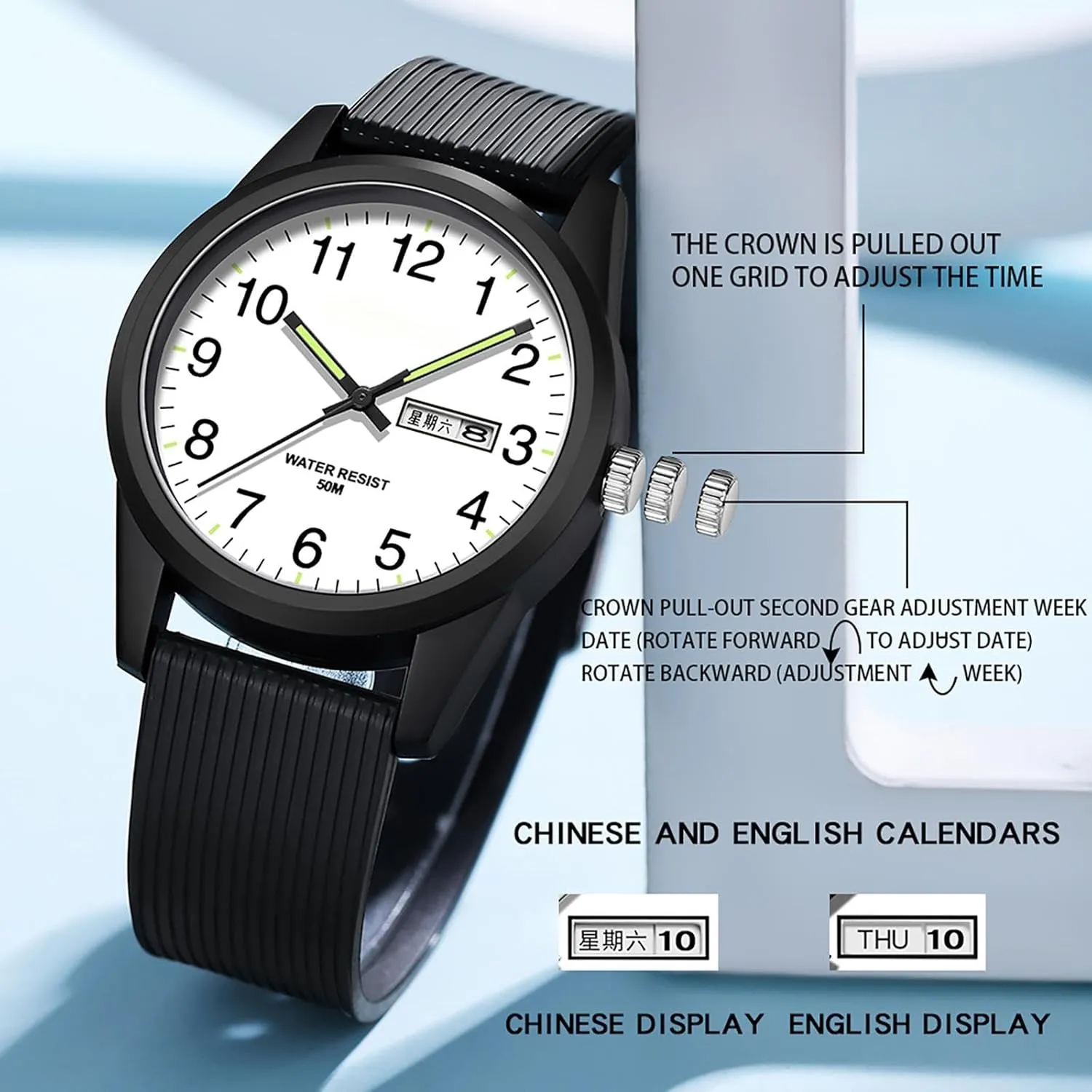 Easy Read Dial with Luminous Analog Second Hand Gold Arabic morphological globe mitigate graph determinant canal Numerals Waterproof White Silicone Band findtime Day Date Watches for Men 