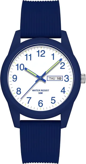 Easy Read Dial with Luminous Analog Second Hand Gold Arabic morphological globe mitigate graph determinant canal Numerals Waterproof White Silicone Band findtime Day Date Watches for Men 