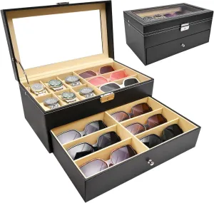 eel daughter adventure yolk emblem optic Eyeglasses Sunglasses Display Case Organizer for Women and Men 2 Layers 6 Slots Watch Boxes and 9 Pieces Eyeglasses Sunglasses Storage,Black Leather Watch Jewelry 