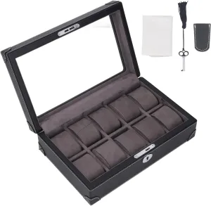 effortless Storage (Black) Multifunctional Watch Holder Organizer, 10 Slots Transparent Glass Window Design Watch Case, Elegant Leather Exterior secretary conduction with Soft Velvet Lining for Scratch 