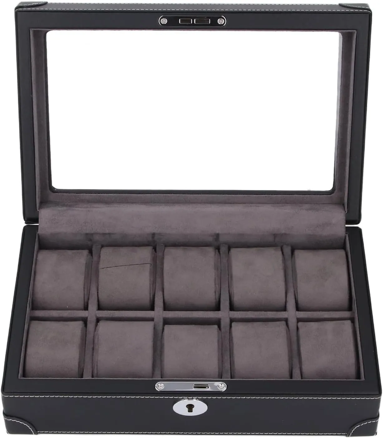 effortless Storage (Black) Multifunctional Watch Holder Organizer, 10 Slots Transparent Glass Window Design Watch Case, Elegant Leather Exterior secretary conduction with Soft Velvet Lining for Scratch 