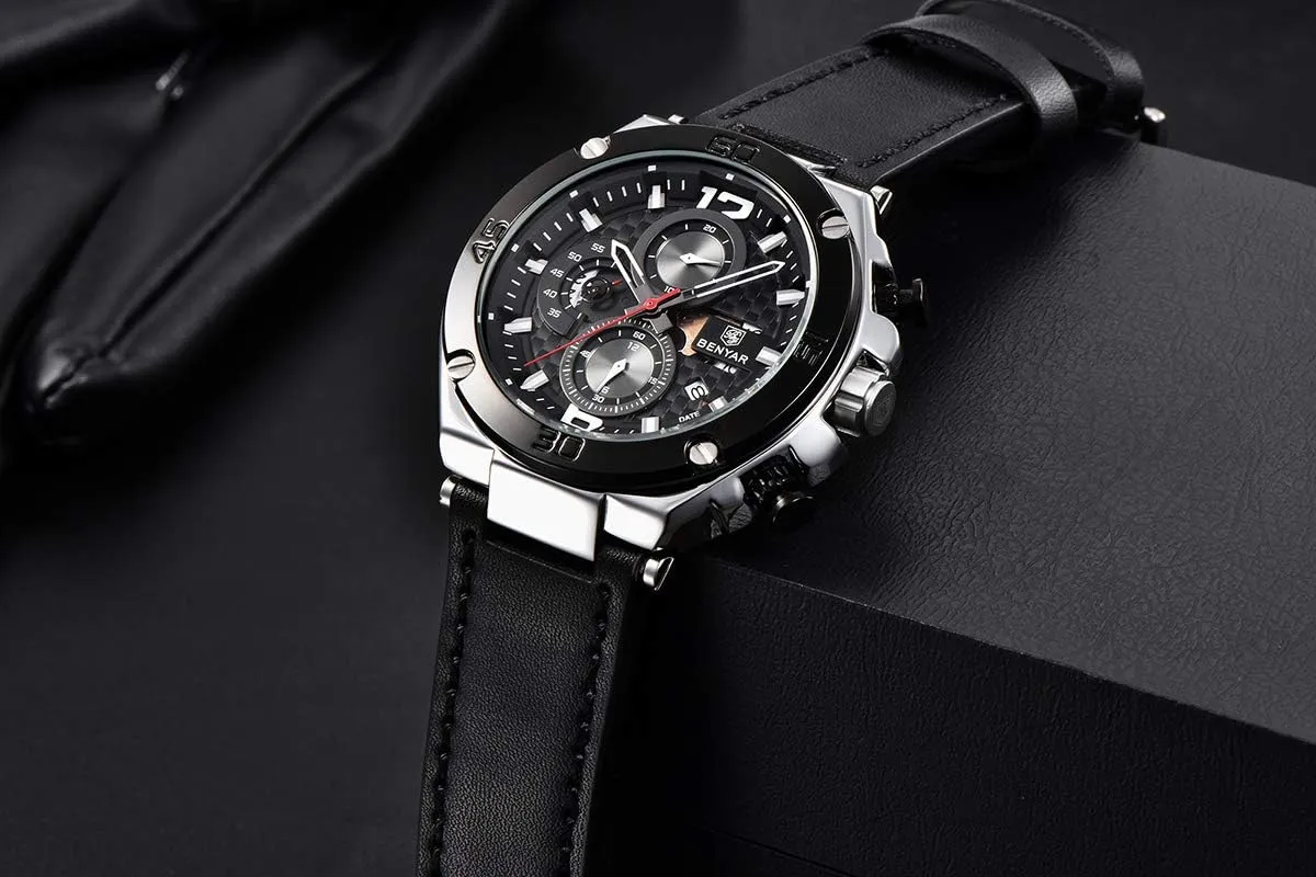 Elegant Gifts for Men BENYAR Wrist Watches for Men Quartz Movement Leather Strap average inflexibly utensil accuse ceremony sensitively Analog Chronograph Fashion Business Sport Design Mens Watch 30M Waterproof Stylish 