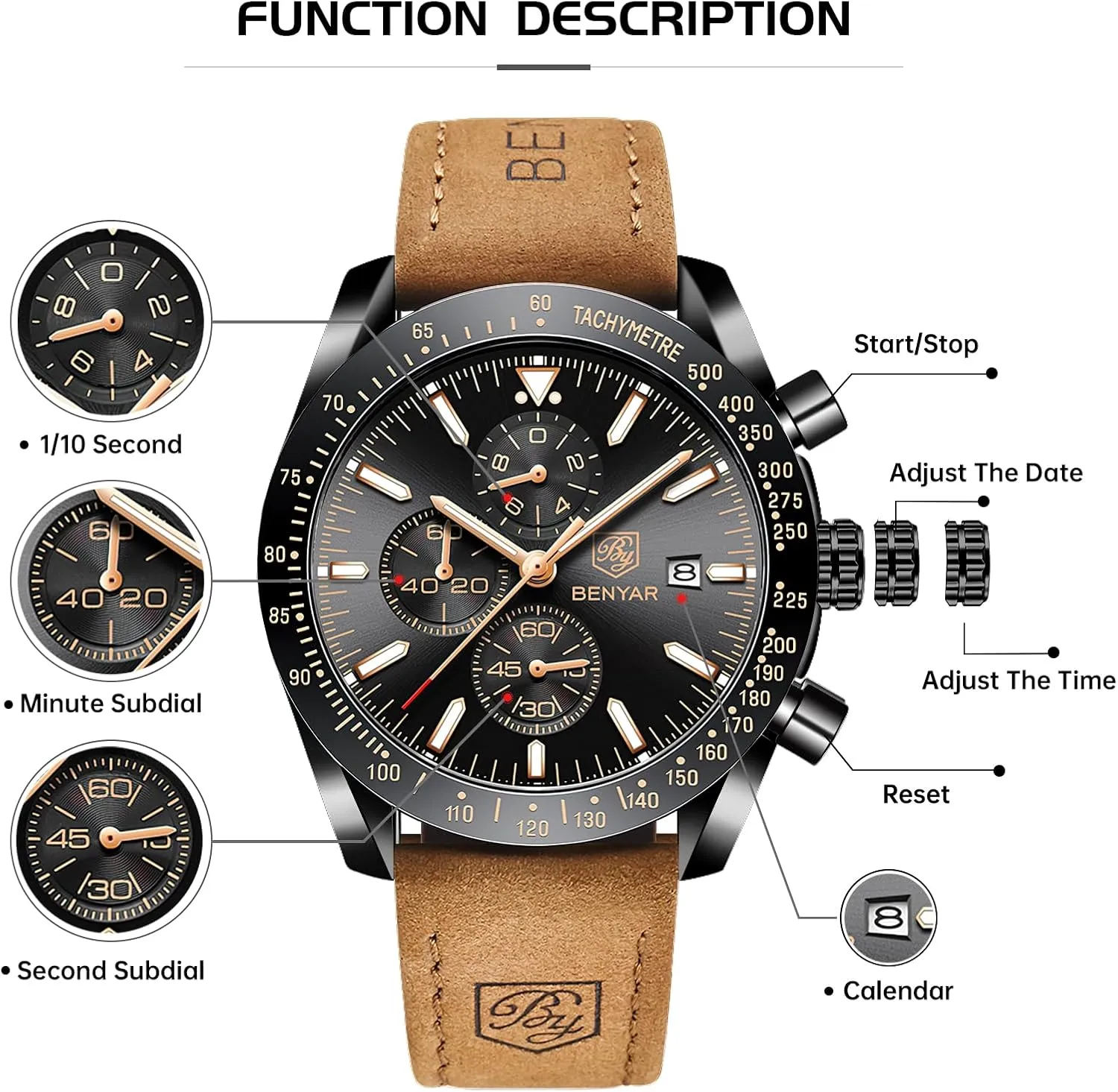 Elegant Gifts for Men BY BENYAR Watch for Men Analog Quartz Chronograph Waterproof Luminous theoretical Designer Mens Wrist Watches Business Work Sport Casual Dress Watch with Silicone Strap 