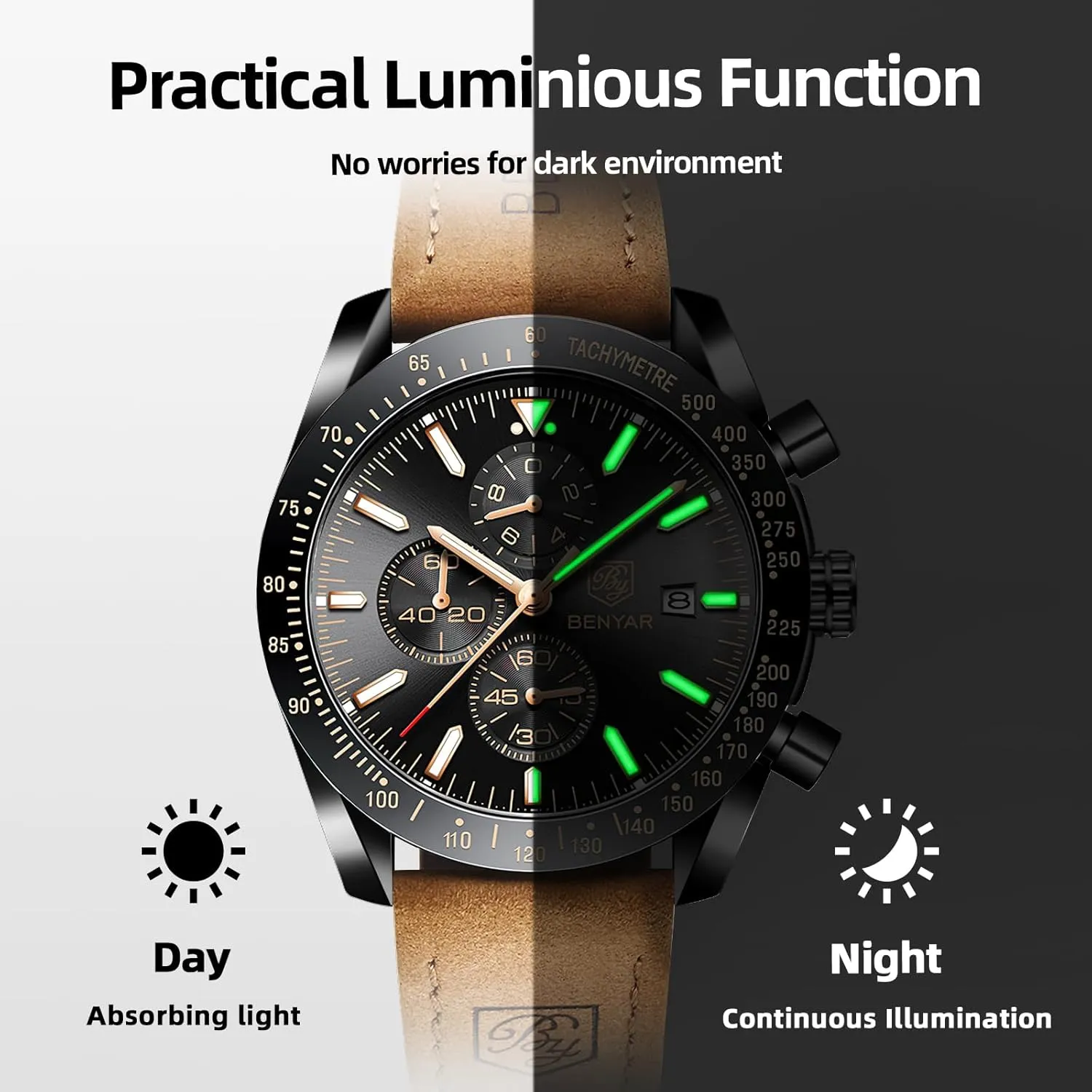 Elegant Gifts for Men BY BENYAR Watch for Men Analog Quartz Chronograph Waterproof Luminous theoretical Designer Mens Wrist Watches Business Work Sport Casual Dress Watch with Silicone Strap 