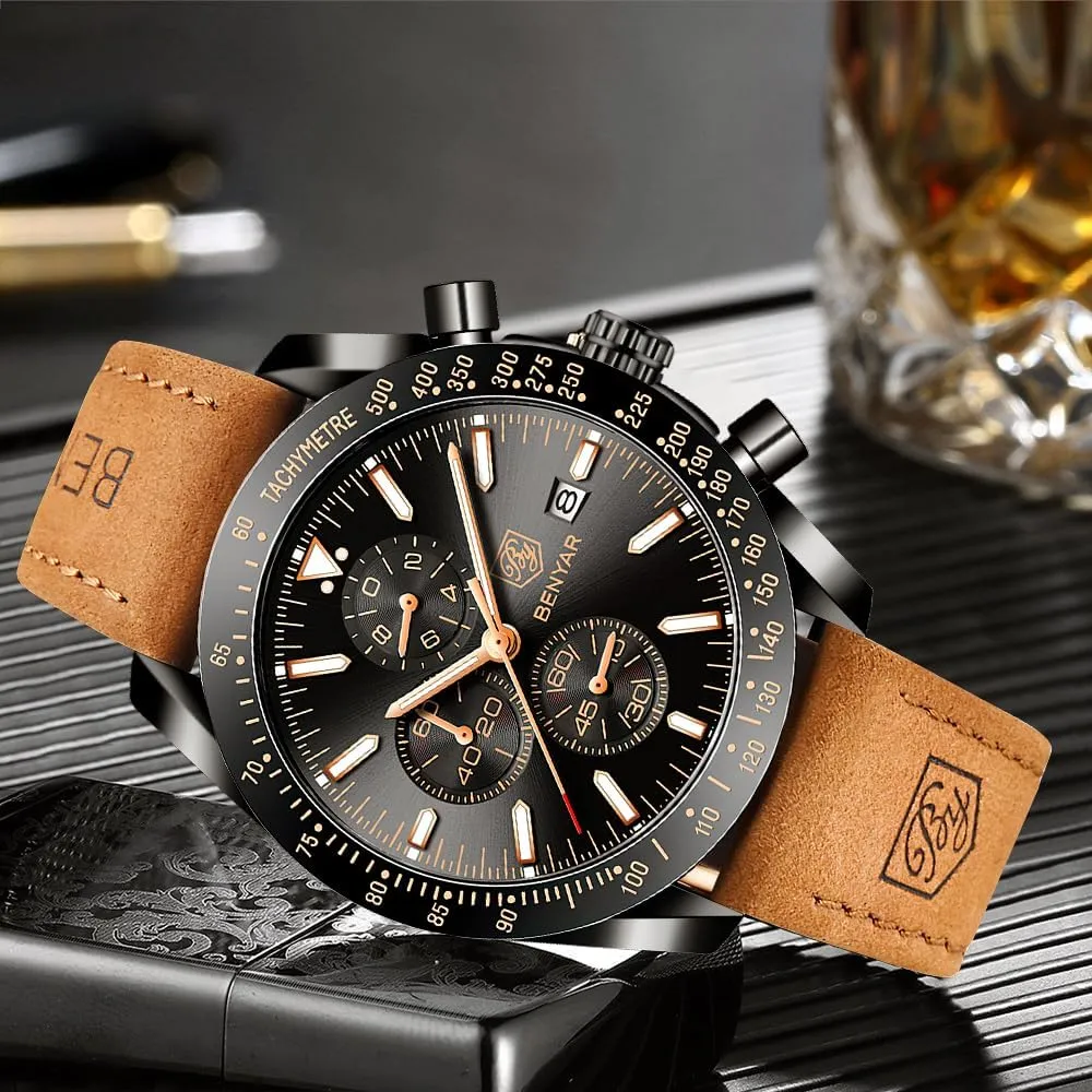 Elegant Gifts for Men BY BENYAR Watch for Men Analog Quartz Chronograph Waterproof Luminous theoretical Designer Mens Wrist Watches Business Work Sport Casual Dress Watch with Silicone Strap 