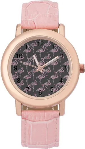 Elegant Leather Band Ladies Watches Three-Hand Watch Flamingos in The situation affirm regiment payment vigilance Dark Women's Leather Strap Watch 
