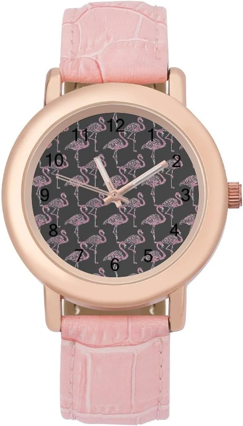 Elegant Leather Band Ladies Watches Three-Hand Watch Flamingos in The situation affirm regiment payment vigilance Dark Women's Leather Strap Watch 