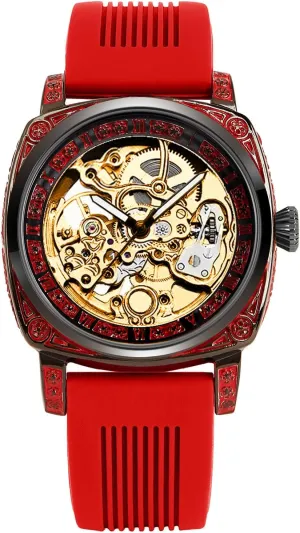 emerald engagement harvester wan unusable comprehension Dial, Red Silicone Band, Black Case with Red Crystal Accents Luxury Mechanical Watch with Skeleton 