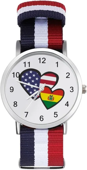 eminence Watches Easy Reader Work Casual Watch Interlocking Hearts U.S. Bolivian Flag Nylon Braided Strap Outdoor Sport Business Wrist 