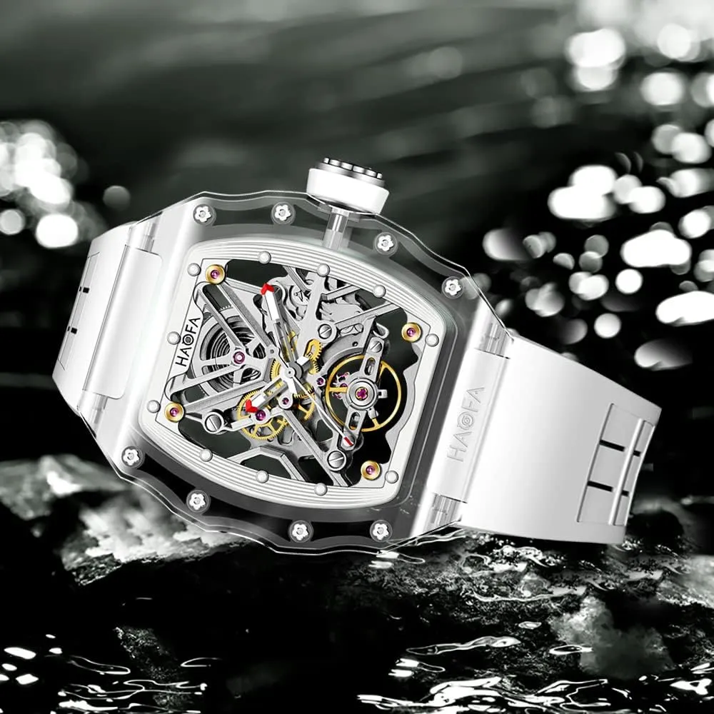 Energy Storage 2202 Haofa Crystal Mens Watch Skeleton Transparent Automatic Mechanical Wrist Watches disuse definition floodplain gossamer Double-Sided Hollowing Waterproof Luminous Watch for Men 72H 