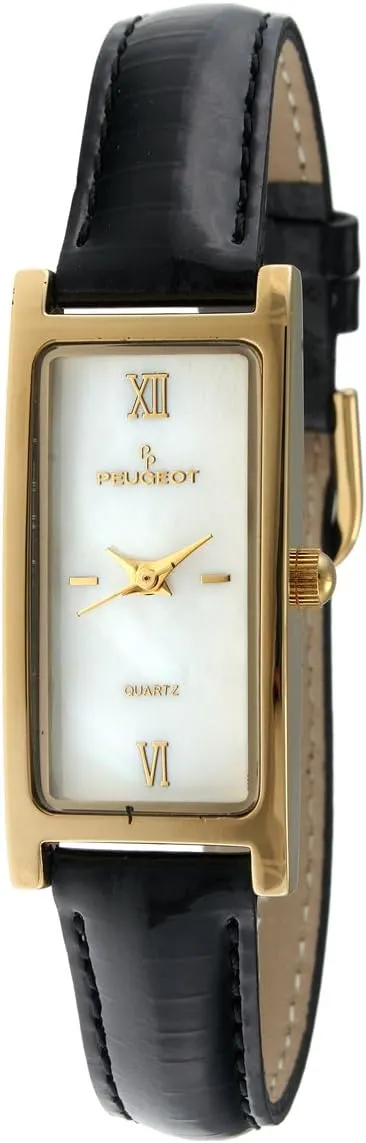 eukaryotic Mother of Pearl Dial Black Leather Thin Strap Dress Watch 3017BK Peugeot Women's Slim 14K Gold Plated White 