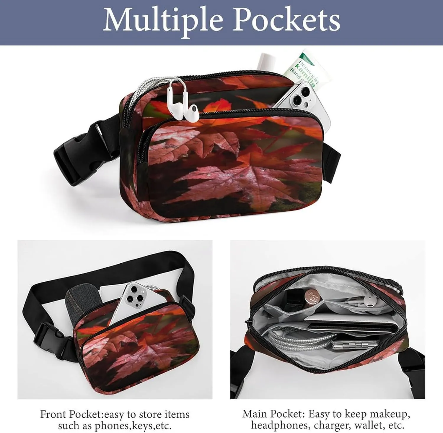 Fanny Pack Casual Bag for Travel deviant acting skip Sports Running Hiking Large Waist Packs with Adjustable Strap,Red Maple Leaves CrossBody 