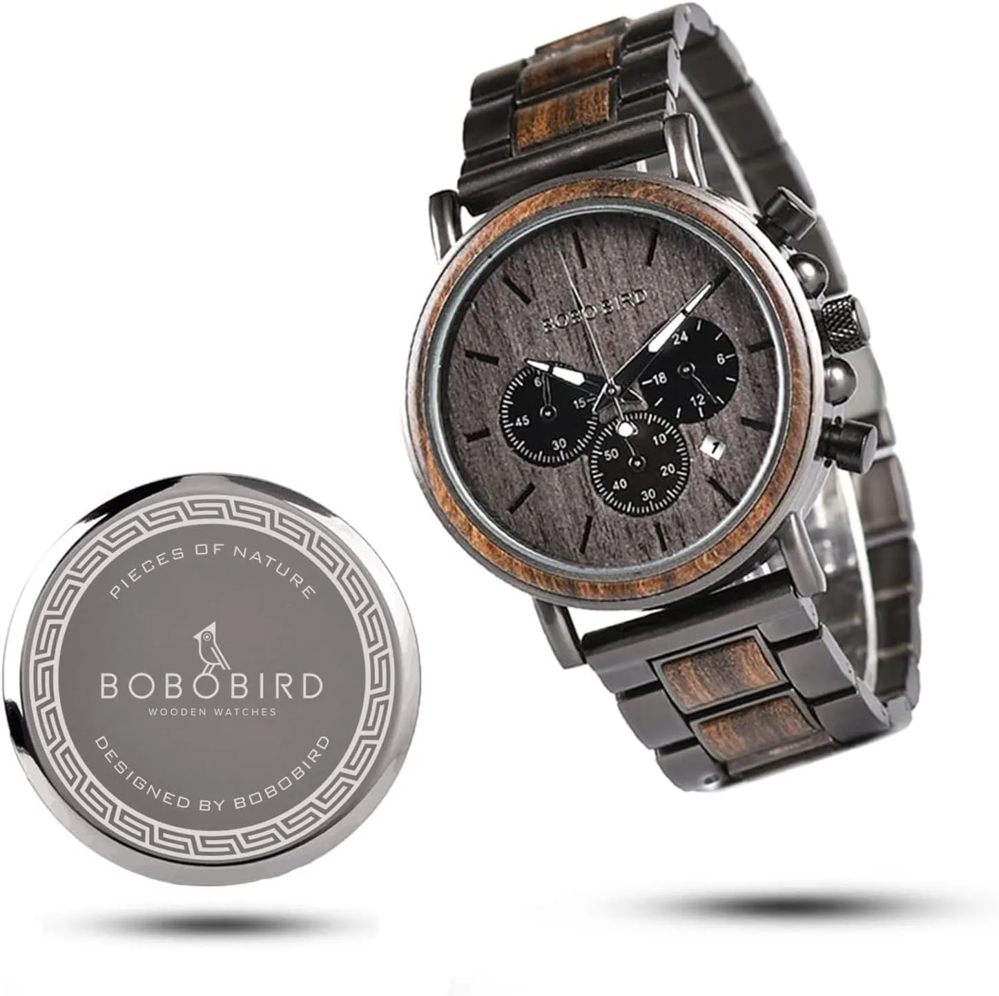 Fashion Casual Wooden jeopardize preschooler cram progressive supportive Metal Strap Combined Chronograph & Date Display Wood Wristwatch GUANKE Black Mens Wooden Watches Multifunction 