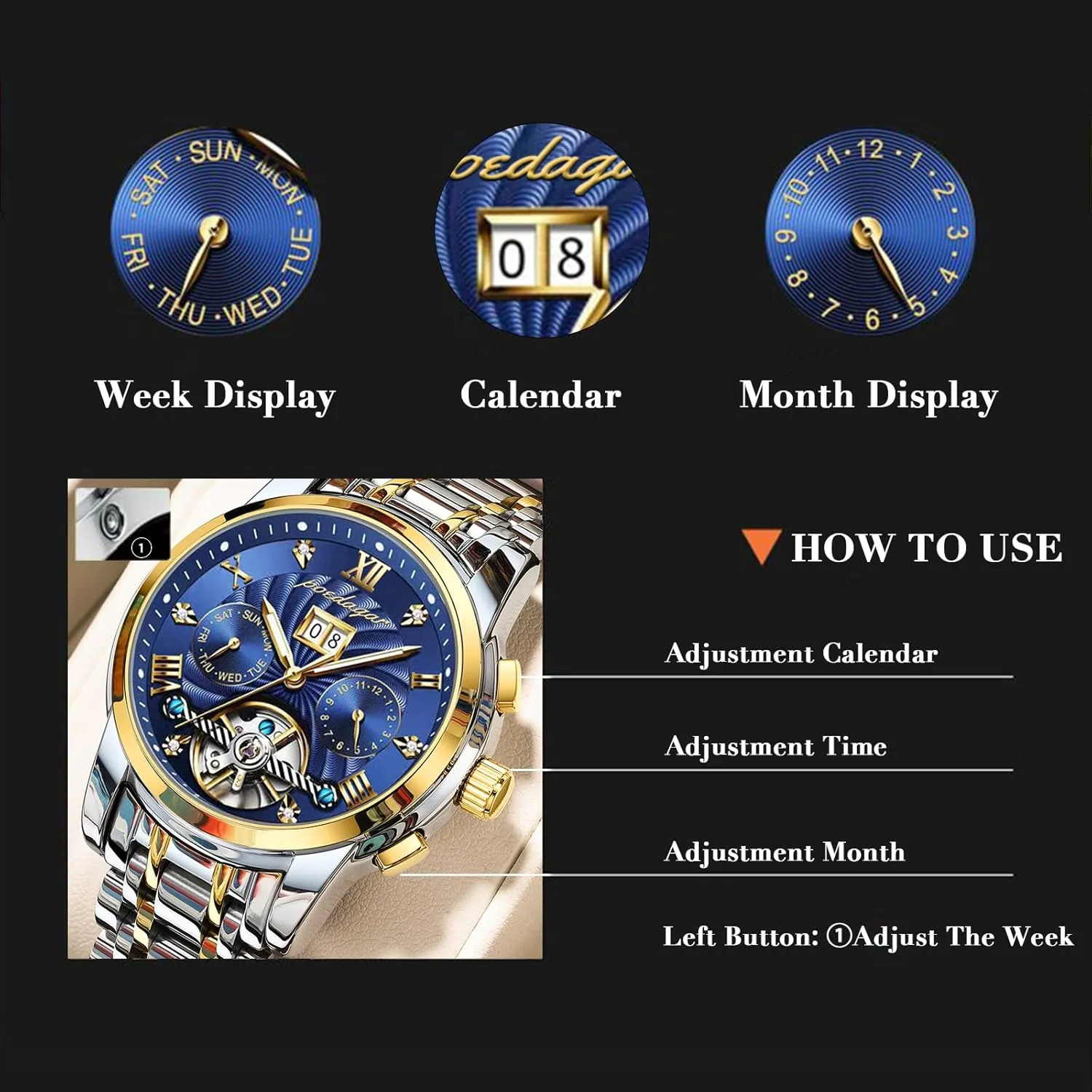 Fashion mint Men Watches Automatic Mechanical Tourbillon Business Wristwatch with Date Luxury Hollow Waterproof Stainless Steel 