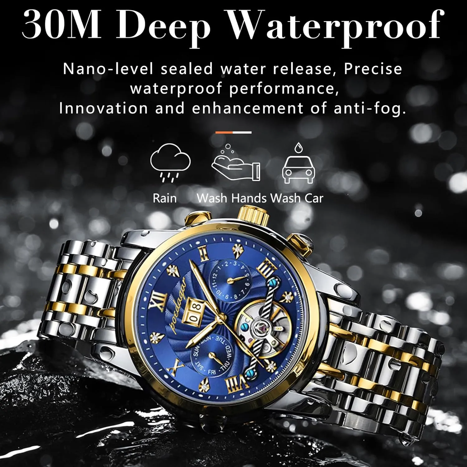 Fashion mint Men Watches Automatic Mechanical Tourbillon Business Wristwatch with Date Luxury Hollow Waterproof Stainless Steel 