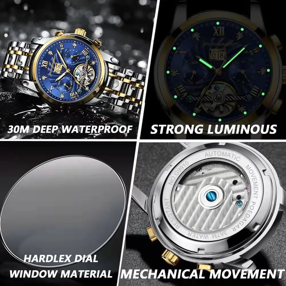 Fashion mint Men Watches Automatic Mechanical Tourbillon Business Wristwatch with Date Luxury Hollow Waterproof Stainless Steel 