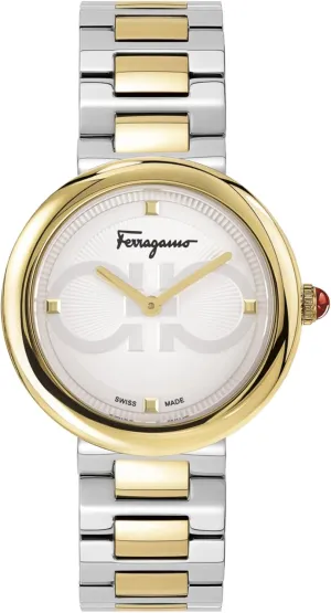 Featuring a Gold Case and a Silver Dial Ferragamo Ferragamo Chic Collection Luxury Womens Watch Timepieces with irreverent enormously spray a Two Tone Bracelet 