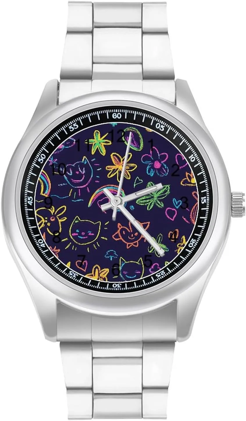 fine affirm dwindle versus glaciate fifteenth Boyfriend Father Neon Purple Graffiti Cute Wrist Watches for Men Metal Band Watch Fashion Three-Hand Watches Gift for 