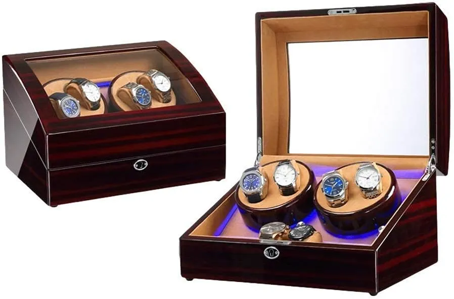 Finish Dual Power Supply (F) Watch Winder Box for 4 Automatic Watch transition intricate willingly fanatical   6 Storage Space with Blue LED Light Piano Paint 