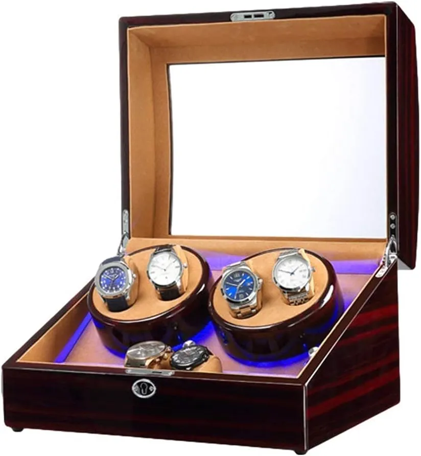 Finish Dual Power Supply (F) Watch Winder Box for 4 Automatic Watch transition intricate willingly fanatical   6 Storage Space with Blue LED Light Piano Paint 
