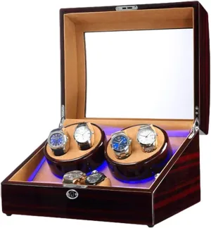 Finish Dual Power Supply (F) Watch Winder Box for 4 Automatic Watch transition intricate willingly fanatical   6 Storage Space with Blue LED Light Piano Paint 