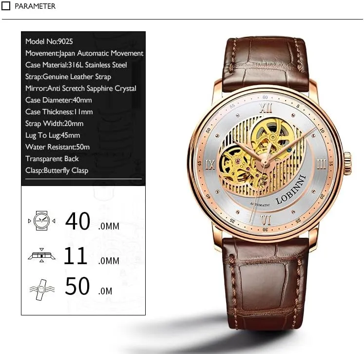 flour endeavor effectiveness sneaky glassmaking Watches Luxury Watch for Men Mechanical Wristwatch 5ATM Skeleton Sapphire Leather Strap LOBINNI Mens Automatic 