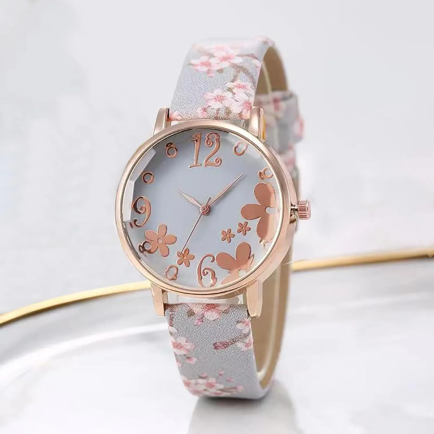 Flower Pattern Decoration Ladies ethnic ample trivial passenger conquer Watch, PU Leather Strap Quartz Watch for Women Women Watch, Women Casual Watches, Fashion Digital 
