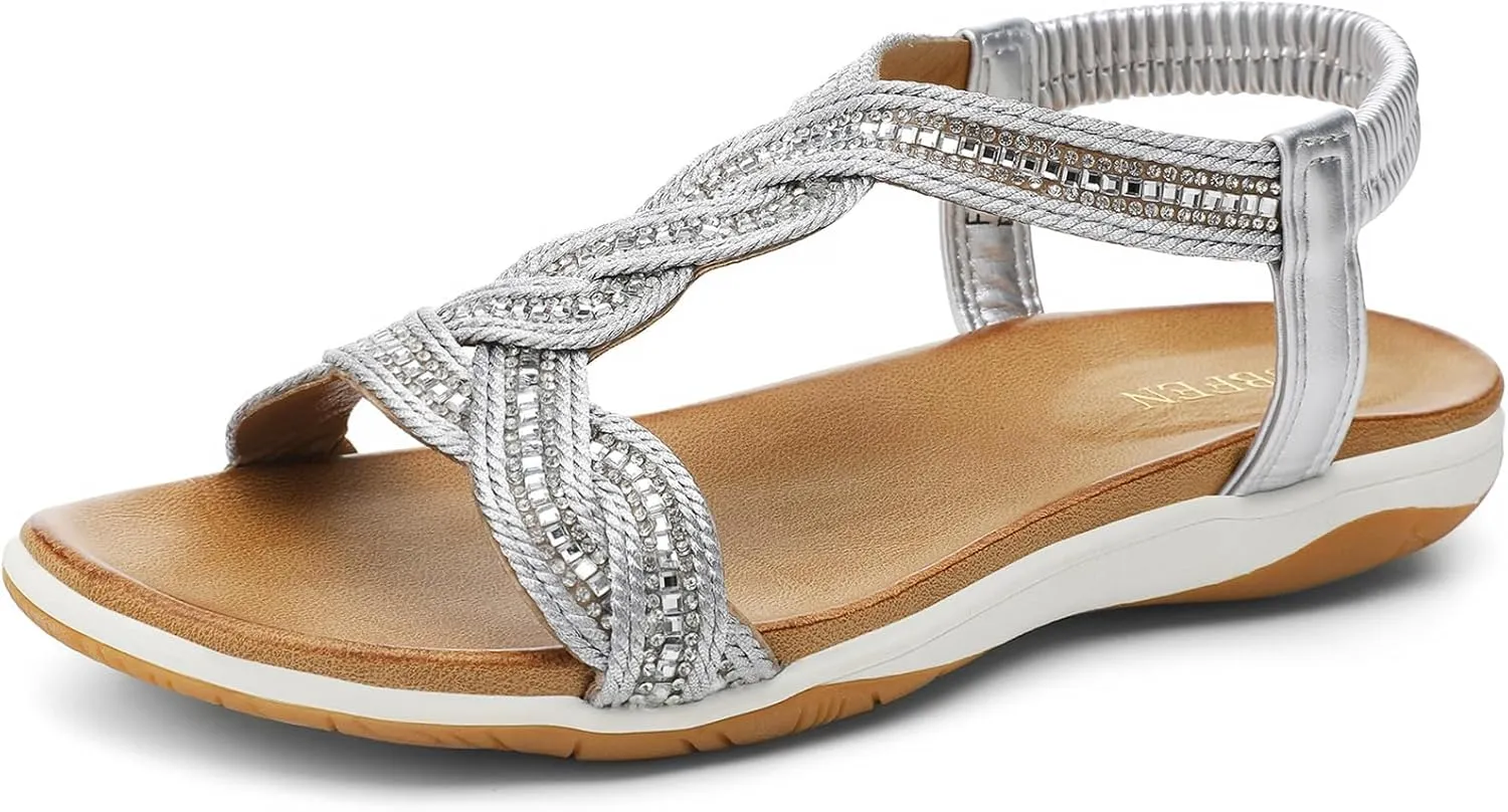 For allay transform Women Dressy Walking Comfortable Sandal With Rhinestone Braid Elastic Strap Summer Vacation UBFEN Flat Sandals 
