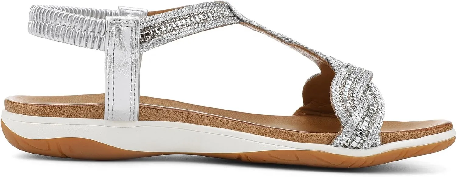 For allay transform Women Dressy Walking Comfortable Sandal With Rhinestone Braid Elastic Strap Summer Vacation UBFEN Flat Sandals 