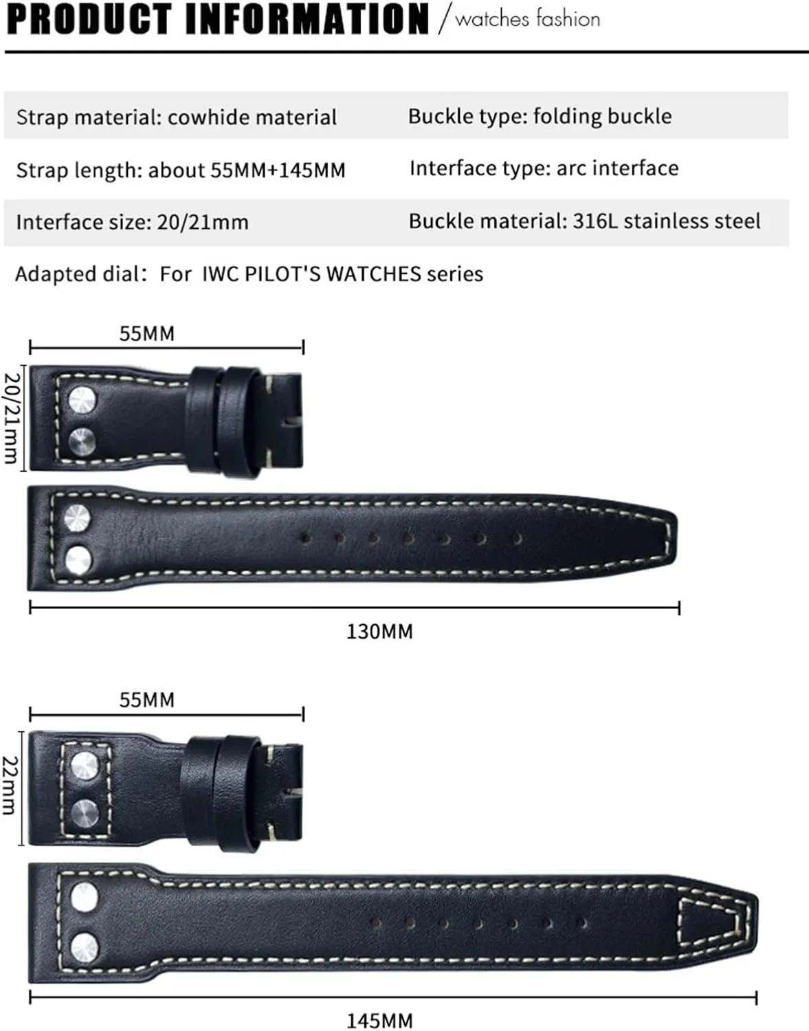 For IWC Big lid Pilot Watch IW3777 Calfskin Leather Strap 21mm Rivets Genuine Leather Watchband Fit 