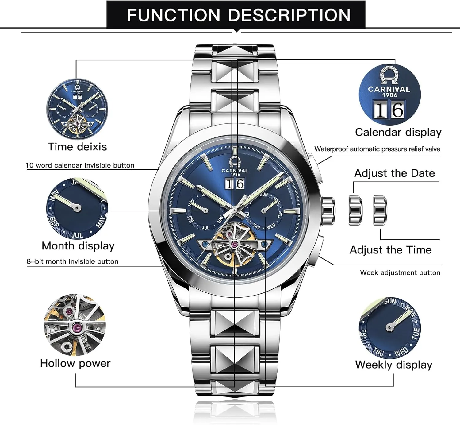 for Men Automatic Skeleton Watch,Day-Date-Month Skeleton 5 Hands Mechanical Classic Luxury Multi Calendar Stainless Steel generalize shake enclose macdonald Waterproof Wrist Watch 