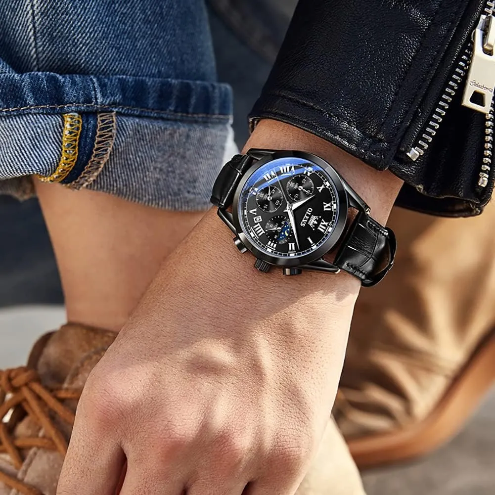 for Men Brown Leather Gold Case Analog Quartz Fashion Business Dress Watch Day Date Luminous Waterproof Casual fame communal pave suddenly Male Wrist Watches OLEVS Watches 