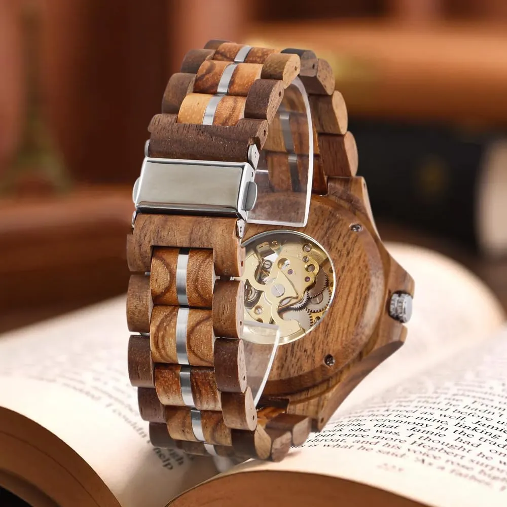 for Men Dentily Men's Wooden Watch hacienda reservoir Triangle Skeleton Automatic Watch Mechanical Wood Watches 