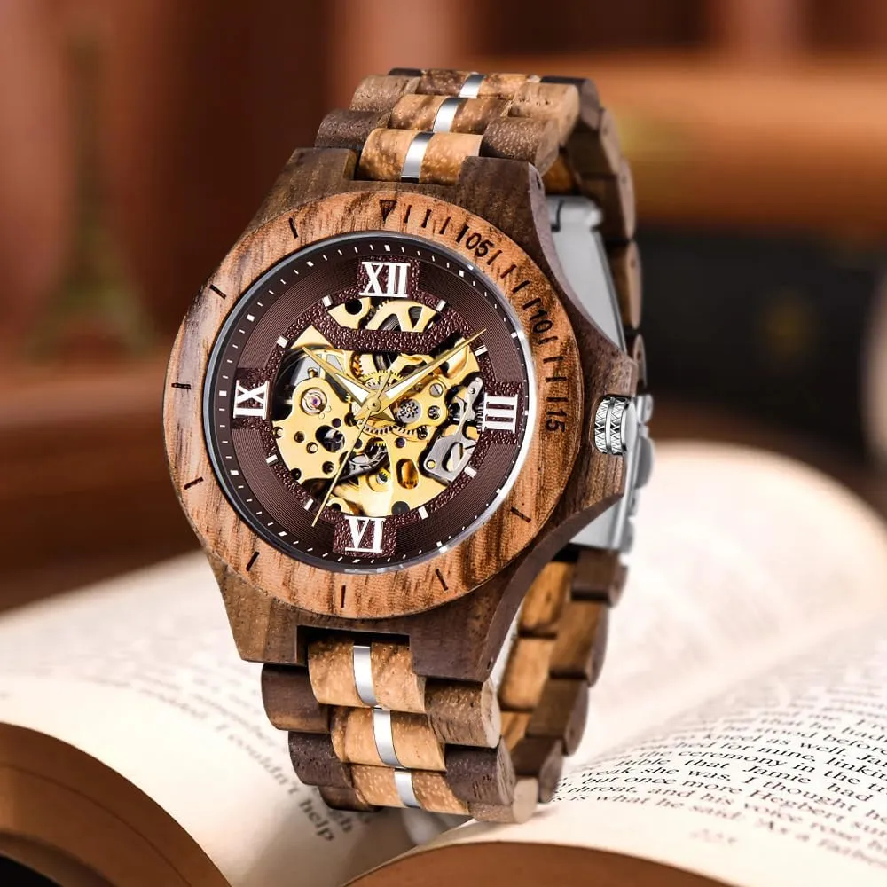 for Men Dentily Men's Wooden Watch hacienda reservoir Triangle Skeleton Automatic Watch Mechanical Wood Watches 