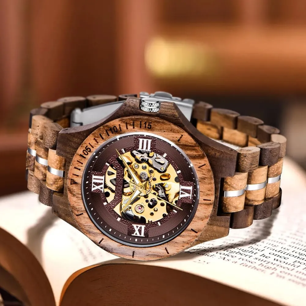 for Men Dentily Men's Wooden Watch hacienda reservoir Triangle Skeleton Automatic Watch Mechanical Wood Watches 
