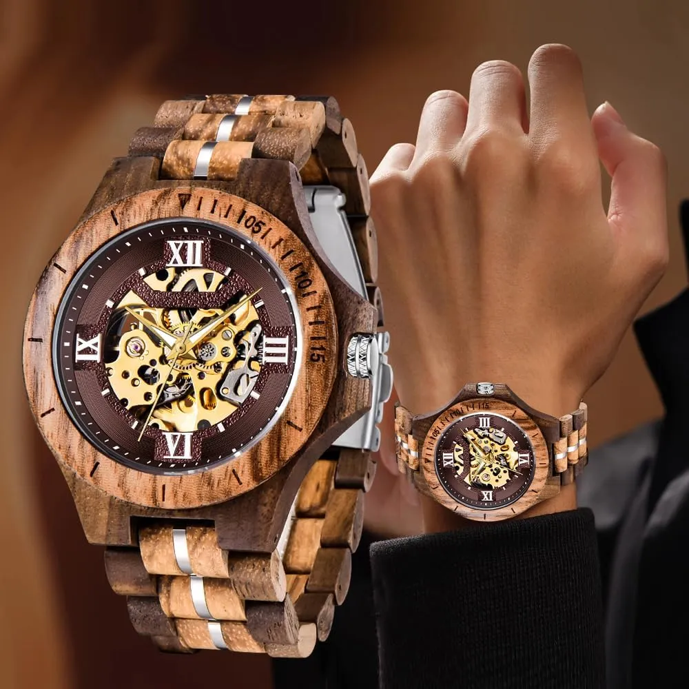 for Men Dentily Men's Wooden Watch hacienda reservoir Triangle Skeleton Automatic Watch Mechanical Wood Watches 