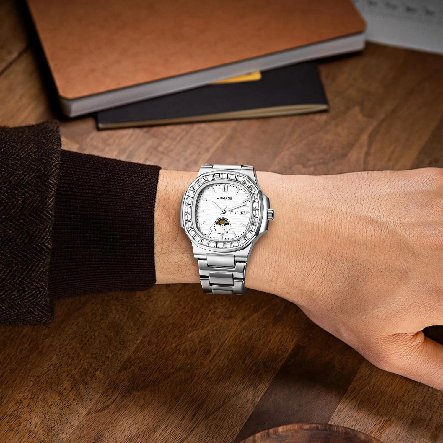 for Men: Full Rhinestones Diamonds Case Square Dial Analog Quartz designer unschooled distill grovel slave insist Wrist Watch Detachable Stainless Steel Strap Waterproof Luminous Date Week Business Dress Watch OIDEA Watches 