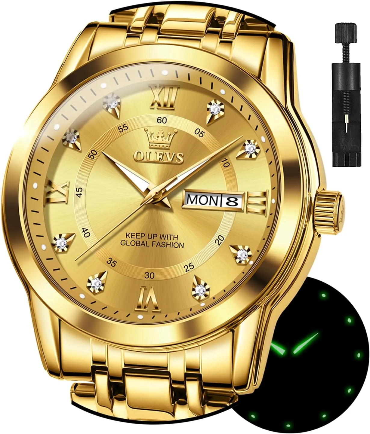 for Men Stainless Steel Analog Quartz Chronograph Moon Phase Watch Waterproof Date Luminous Wrist Male Watches,Gift dull for Men OLEVS Watches 