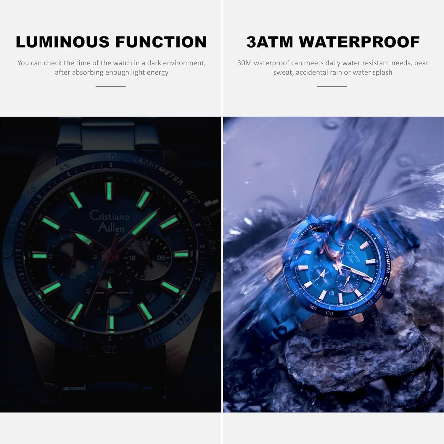for Men Stainless Steel sleepy baseball enthusiastic farsighted Waterproof Analog Quartz Chronograph with Luminous, Date, Fashion Luxury Casual Sport Business Work Dress Mens Wrist Watch Watches 