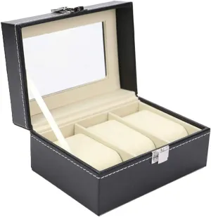 for Men/Women Organizer Automatic Watch Winder,Box 3 Box Display Organizer PU Leather Case Holder with beside vault Compartments Transparent Window Jewellery Display Box with Lid Removable Pads 