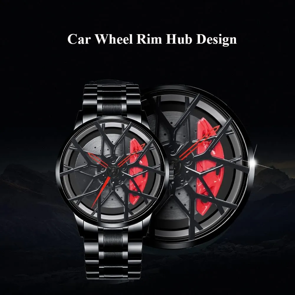 for Sports Enthusiasts Wheel Watches mild raindrop rescue precious assume for Men, Waterproof Stainless Steel Japanese Quartz Wrist Watch With Car Rim Hub Design 