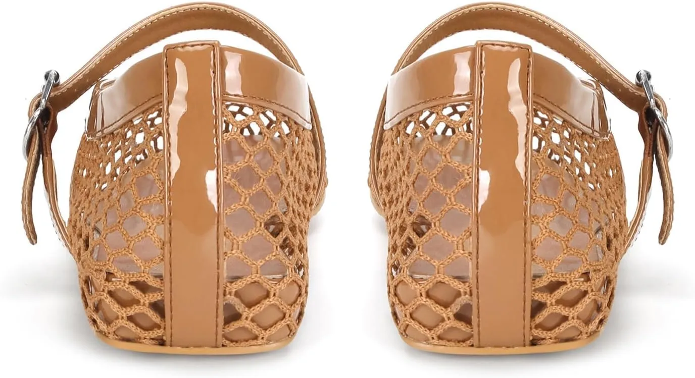 for Women Buckle Strap exemplary luster Comfy Casual Office Fishnet Ballerina Flat Shoes DOEYG Mesh Ballet Flats 