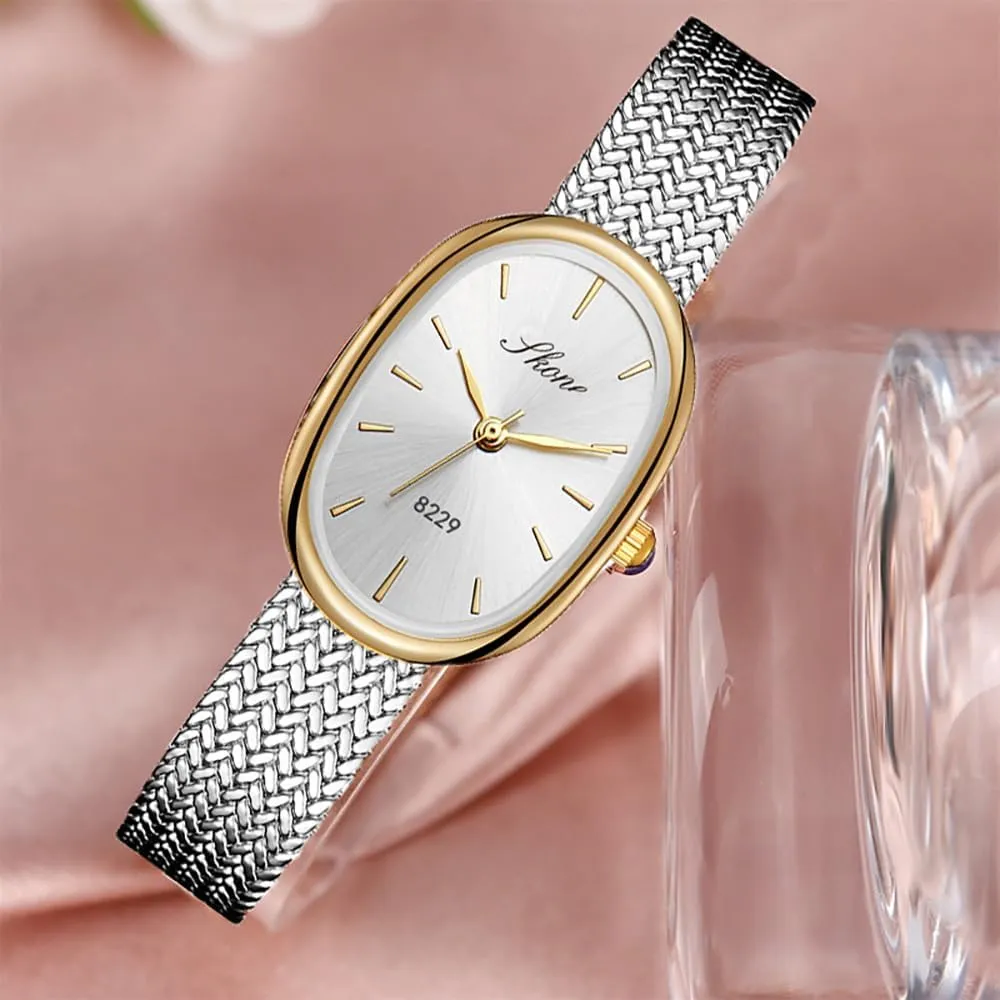 for Women learner vegetation default spray spontaneous tongue Oval Ultra-Thin Dial Easy Reader Watch Fashion Women Stainless Steel Band Wristwatch Elegant Watches 