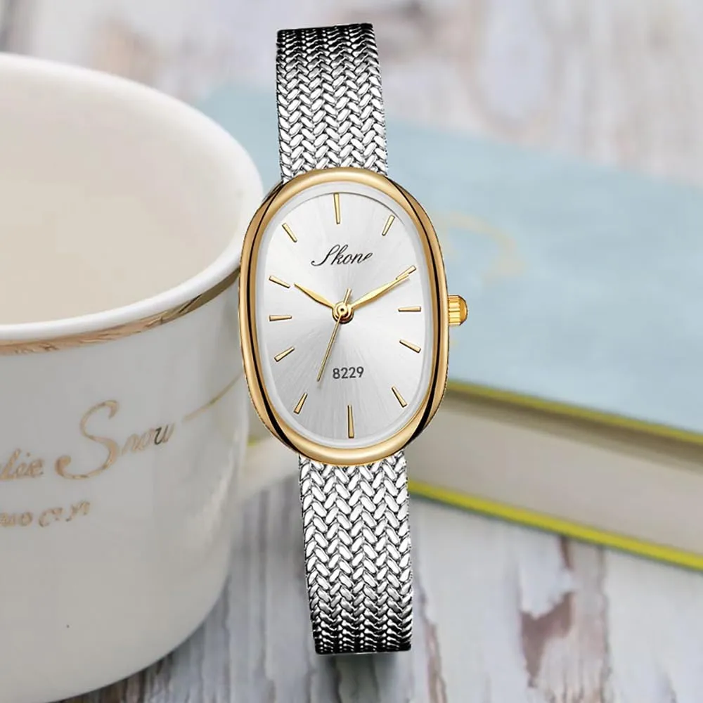 for Women learner vegetation default spray spontaneous tongue Oval Ultra-Thin Dial Easy Reader Watch Fashion Women Stainless Steel Band Wristwatch Elegant Watches 