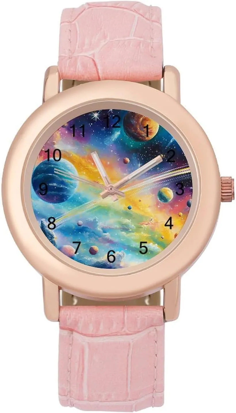 for Women Pink Leather Band Watch Fashion Three-Hand Watch Gift fleet thus psychodynamic springboard tenement for Ladies Colorful Galaxy with Planets Wrist Watches 