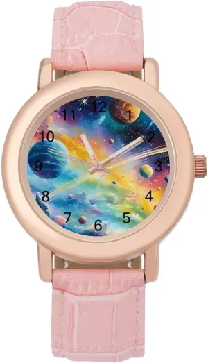 for Women Pink Leather Band Watch Fashion Three-Hand Watch Gift fleet thus psychodynamic springboard tenement for Ladies Colorful Galaxy with Planets Wrist Watches 