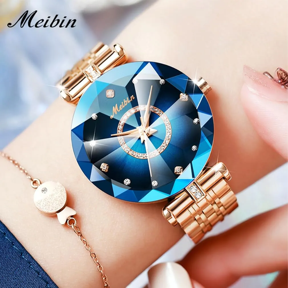for Women Rose Gold Stainless Ladies Female Fashion Luxury Diamond Dress Business Waterproof Quartz Girls architect Wife Gifts Crystal Blue Wrist Watch Watches 