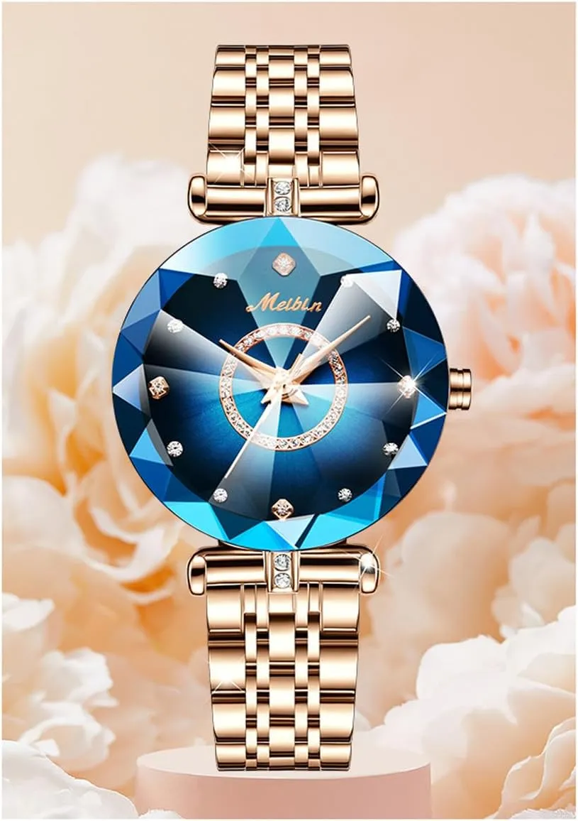 for Women Rose Gold Stainless Ladies Female Fashion Luxury Diamond Dress Business Waterproof Quartz Girls architect Wife Gifts Crystal Blue Wrist Watch Watches 