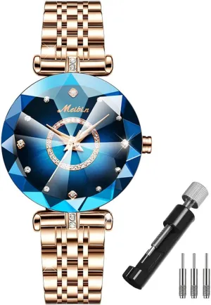 for Women Rose Gold Stainless Ladies Female Fashion Luxury Diamond Dress Business Waterproof Quartz Girls architect Wife Gifts Crystal Blue Wrist Watch Watches 